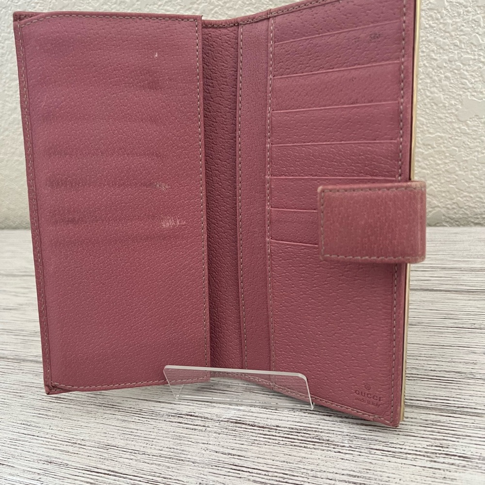 GUCCI Rose Pink Leather Continental Wallet with Gold Script Logo - Picture 7 of 11